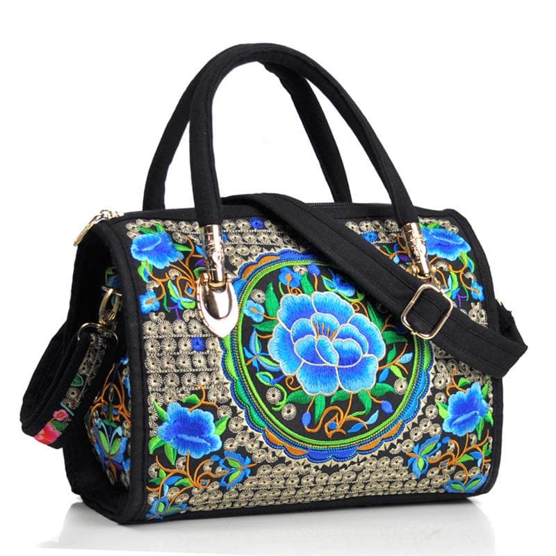 Bohemian Women Floral Embroidered Canvas Handbag Vintage Ladies Casual Ethic Boho Shopping Zipper Shoulder Travel Bag