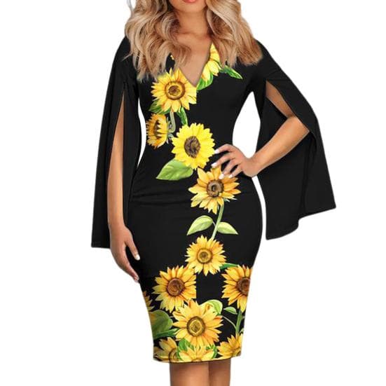 Women Dress Bat-wing Sleeve Deep V Neck Sunflower Print Slim-fitting Elegant Printed Pencil Dress M