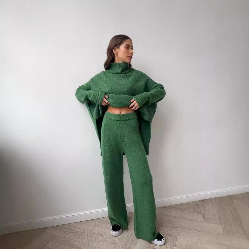Women's Autumn and Winter High Neck Split Casual Sweater Pants Set M green