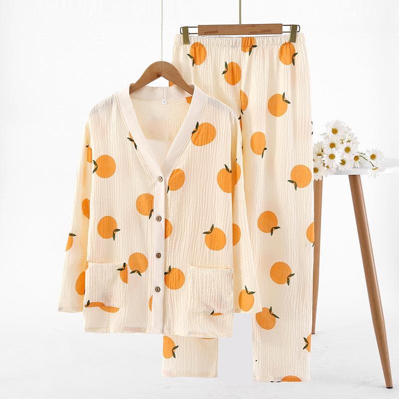 New Spring and Autumn Women's Pajamas Set Cotton Crepe Thin Long-sleeved Trousers Two-piece Set Cute Cardigan Home Wear Pajamas XL