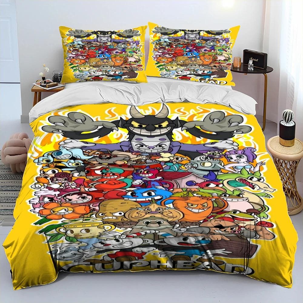 Cuphead and Mugman,Game Gamer Comforter Bedding Set,Duvet Cover Bed Set Quilt Cover Pillowcase,King Queen Size Bedding Set Boys 150x200cm 3pcs