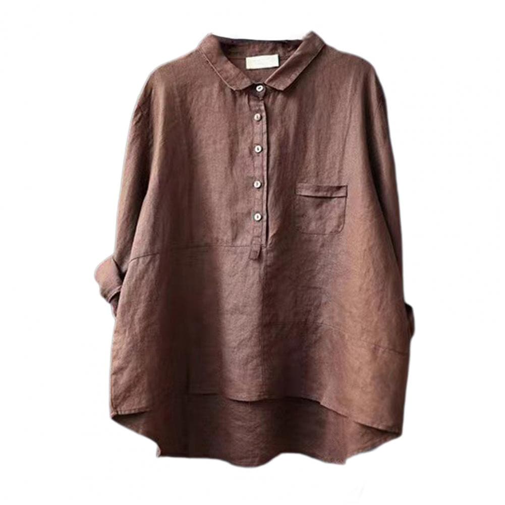 Women Shirt Turn-down Collar Long Sleeve Pullover Tops Buttons Half Placket Patch Pockets Casual Tops Solid Color Loose Fit Shir M coffee