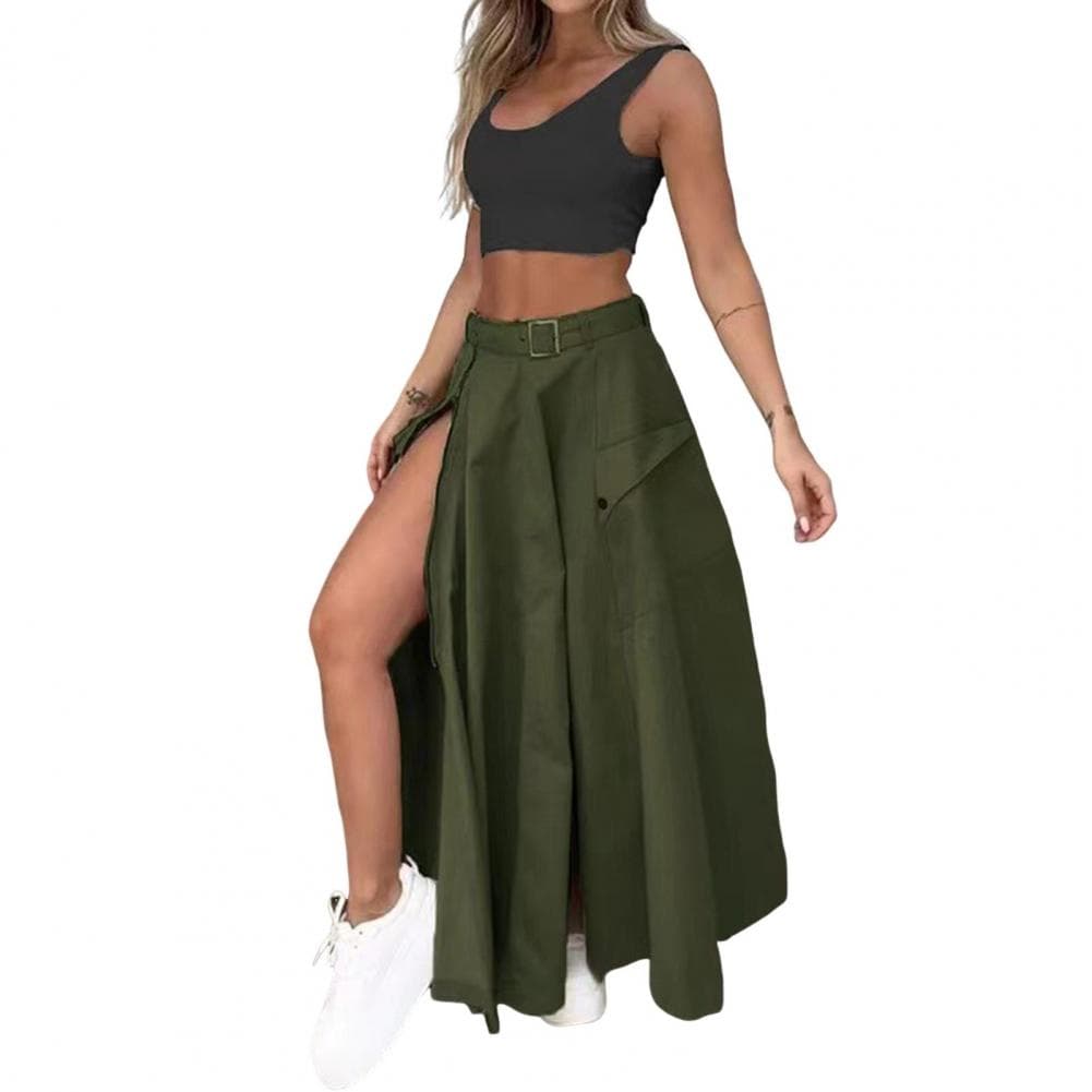 Women Round Neck Vest Elegant Women's Top Skirt Set with High Waist Split Maxi Skirt Sleeveless Crop Top Belt Solid Color L green