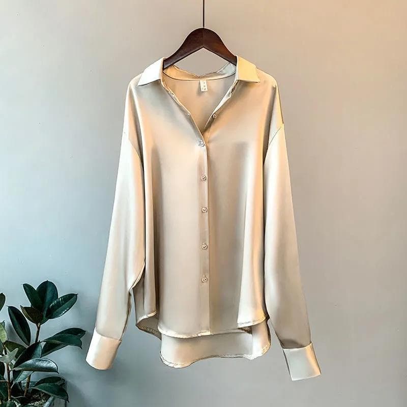 Satin Shirt Ladies Blouse Spring Autumn Tops Women Clothing Button Up Long Sleeve Solid Loose Shirts 3XL champagne