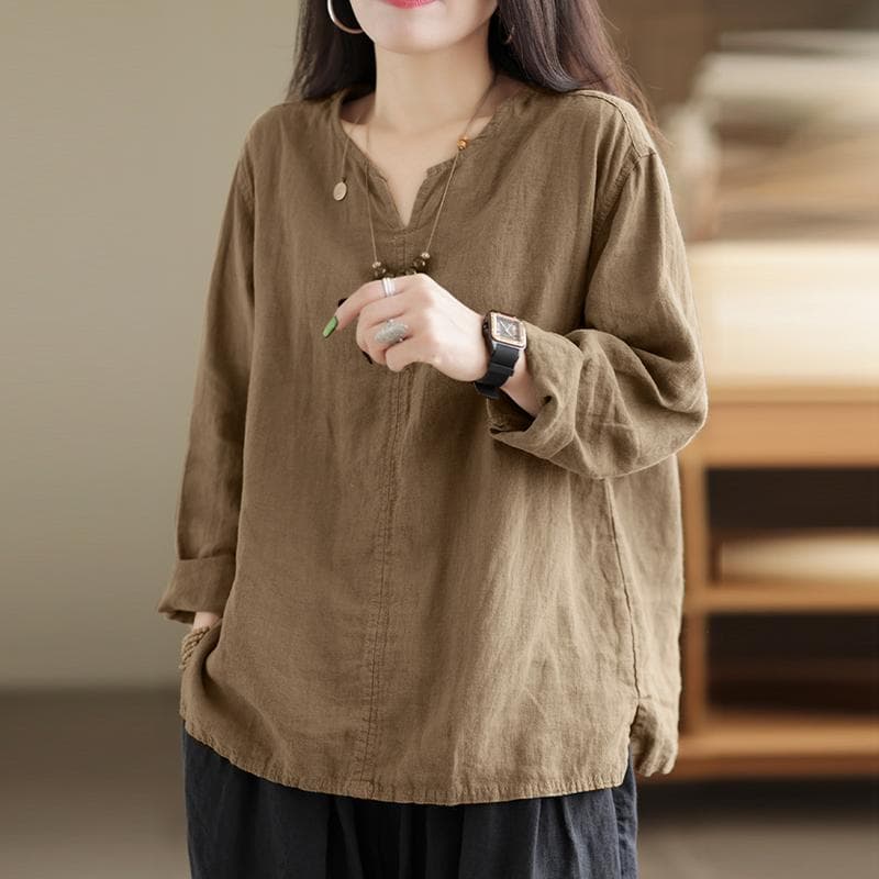 ZANZEA Womens Casual V-neck Long Sleeve Cotton Blouse Tops M khaki