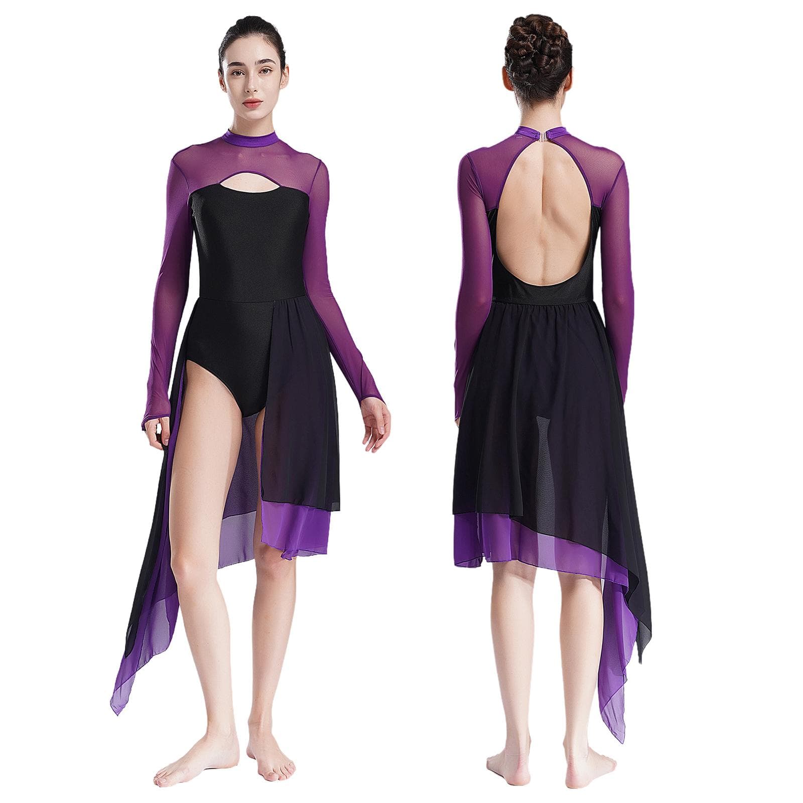 Women Cutout Long Sleeve Lyrical Dance Dress Irregular Tulle Dance Costume Dancewear M purple