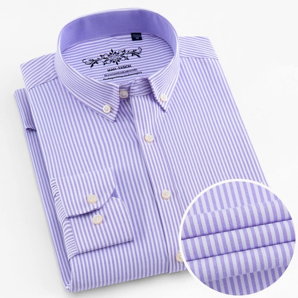 Men‘s Plaid Striped Long Sleeve Oxford Shirt - Premium Quality Breathable, Button Up Design - Ideal for Business & Formal Events 42 light purple/white