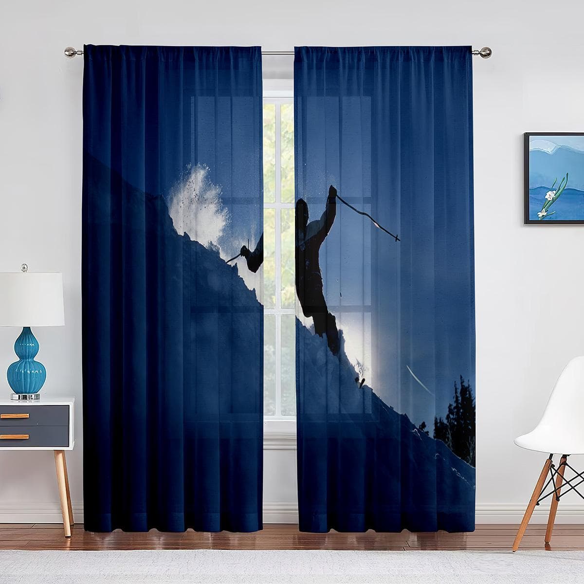 Skiing Extreme Sport In Snow Field Sheer Curtains for Living Room Bedroom Kitchen Window Treatment Chiffon Tulle Curtain Blinds 1 PCS W100XH250cm&Grommet Top