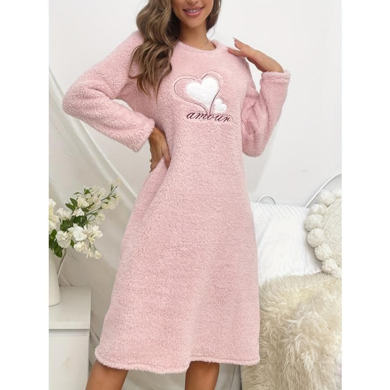 Pink Love Heart Pajama Women Nightgown Flannel Autumn Winter Long Sleeves Sleepwear Cute Pyjama Warm Pjs Soft Pj Cozy Comfy Girl L