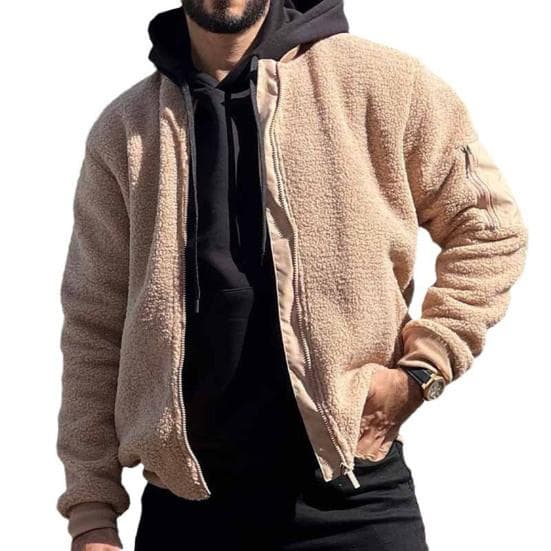 Yousheng Men Polar Fleece Jacket Long Sleeve Full Zipper Casual Coat with Pockets Autumn Winter Solid Color Outwear XL apricot