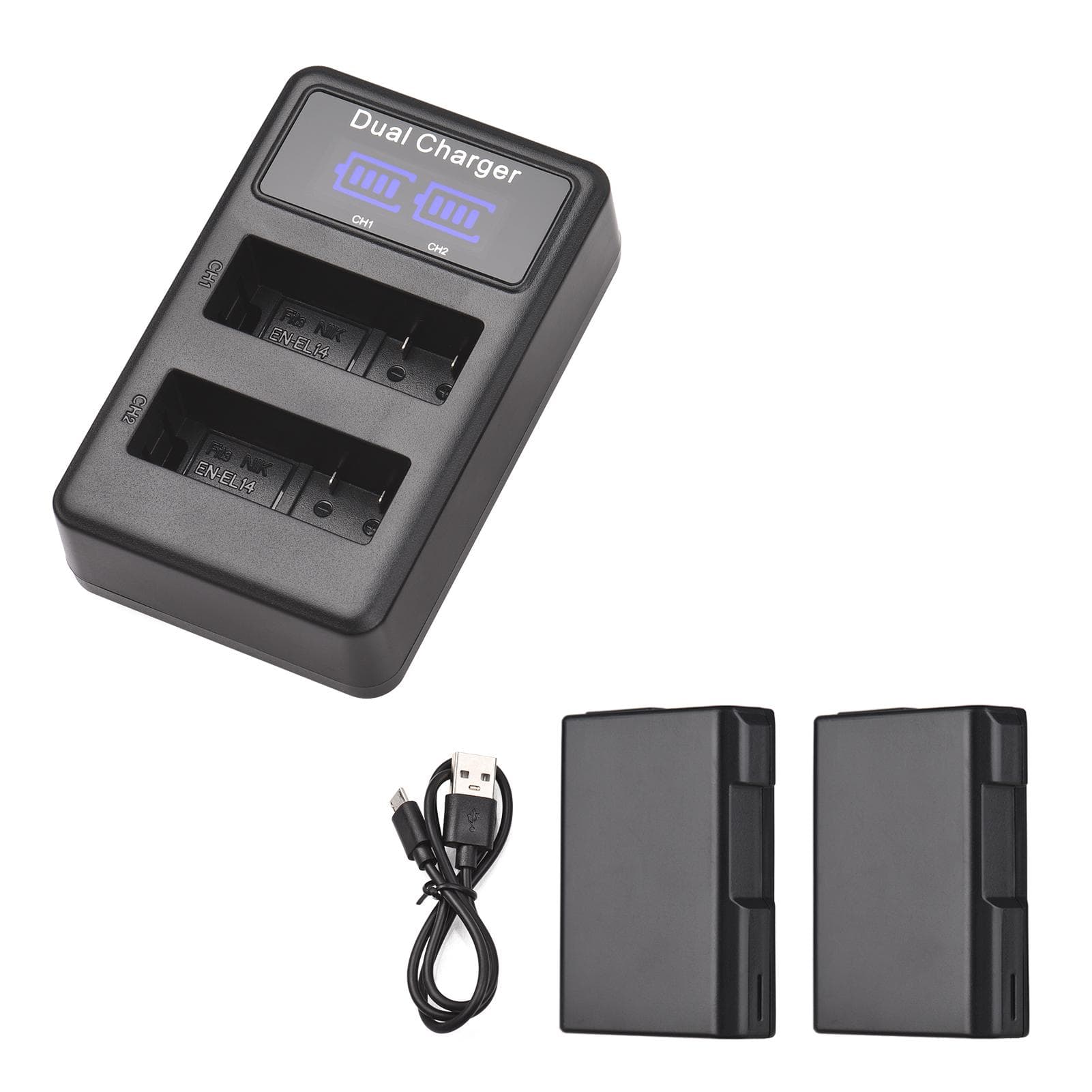 EN-EL14 Battery & Charger Kit 2pcs 7.4V 1500mAh Battery + 1pc LED2-EL14 Dual Channel Camera Battery black