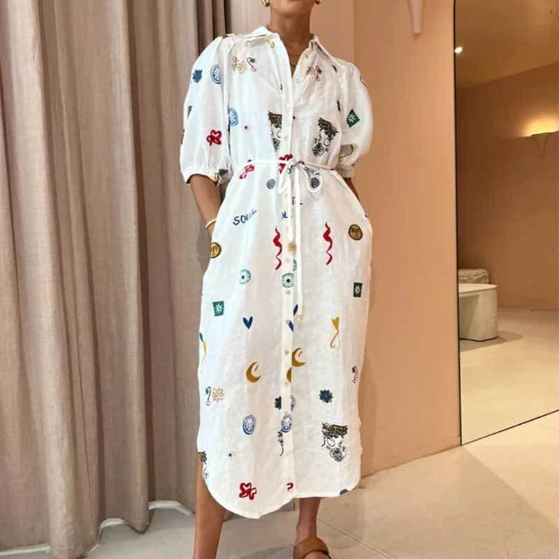 Spring New Women's Fashionable Loose Printed Lapel Lace-up Puff Sleeve Shirt Dress 3XL
