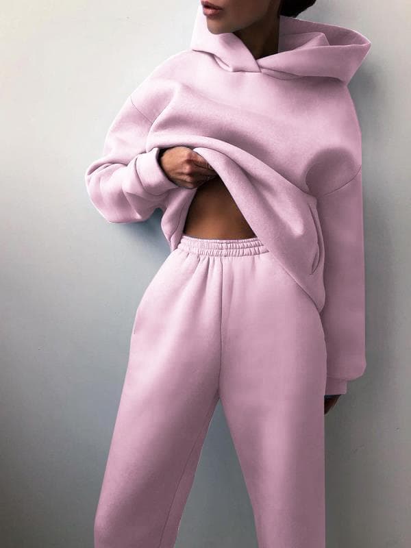 Women Elegant Solid Sets For Women Warm Hoodie Sweatshirts And Long Pant Fashion Two Piece Sets Ladies Sweatshirt Suits M pink