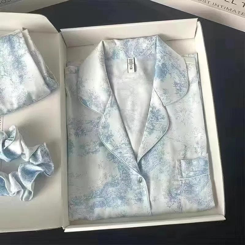 Women's Gray Ink Painting Ice Silk Pajamas Ladies Spring and Autumn Thin Long-Sleeved High-End Sleepwear Loungewear Cherry Print 2XL