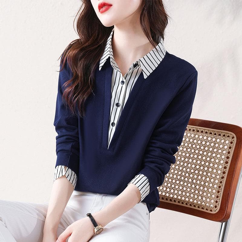 Women's Lapel New Autumn Polo Collar Striped Shirt Fake Two-piece Long-sleeved Sweatshirt Top M