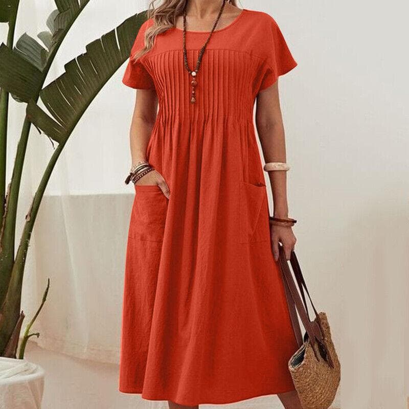 Summer Women's Dress Plus Size Long Solid Colour Round Neck Pocket Pleated Short Sleeve Dresses 5XL red