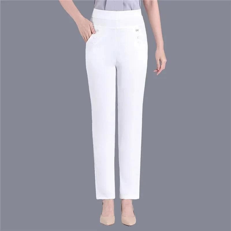 Women Thin Candy Colors Stretch Classic Pants Straight Trousers Mother Casual High Waist Pantalones Slim Ankle-Length Pants XXXL white