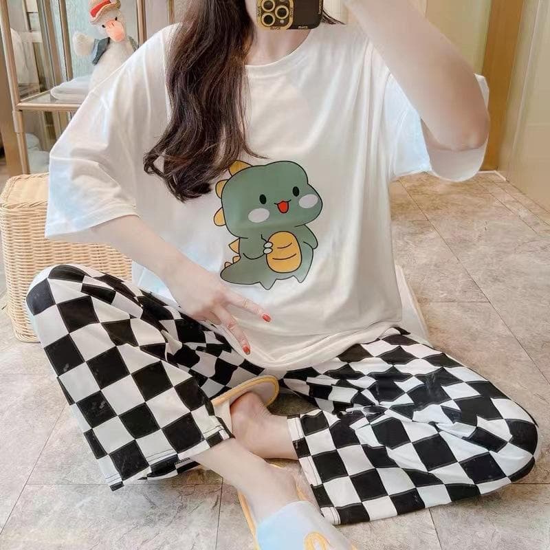 Pajamas Summer Suit Student New Short Sleeve Long Pants Plaid Loose Plus Size Korean Cartoon Loungewear Christmas Birthday Gifts One size green