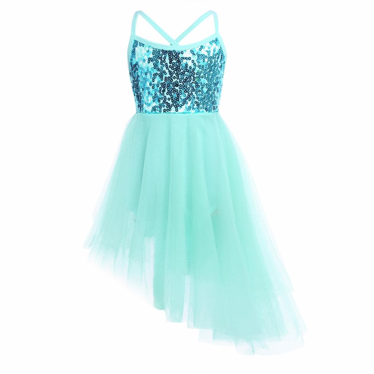 Kids Girls Stage Dance Clothing Sleeveless Sequin Asymmetrical Tulle Ballet Dance Gymnastics Leotard Dress 5-6 Years mint green