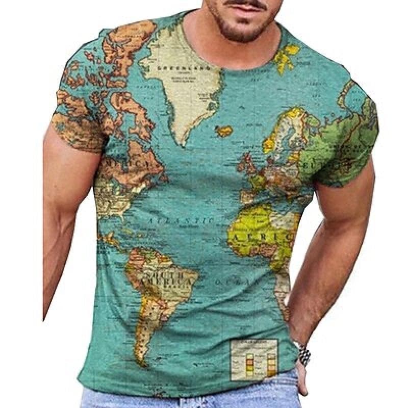Map Vintage Mens 3D Shirt For TravelYellow Summer Men'S Tee Graphic Prints Round Neck 3D Daily Holiday Short Sleeve Clothing 5XL