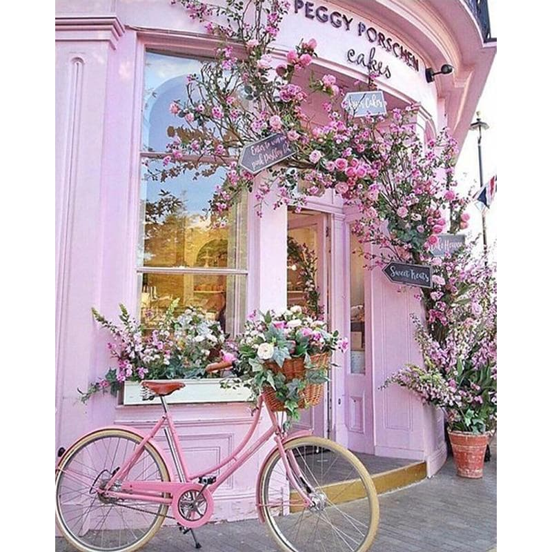 Diamond Painting Bicycle Pink House Scenery Cross Stitch Diamond Painting 20X30CM