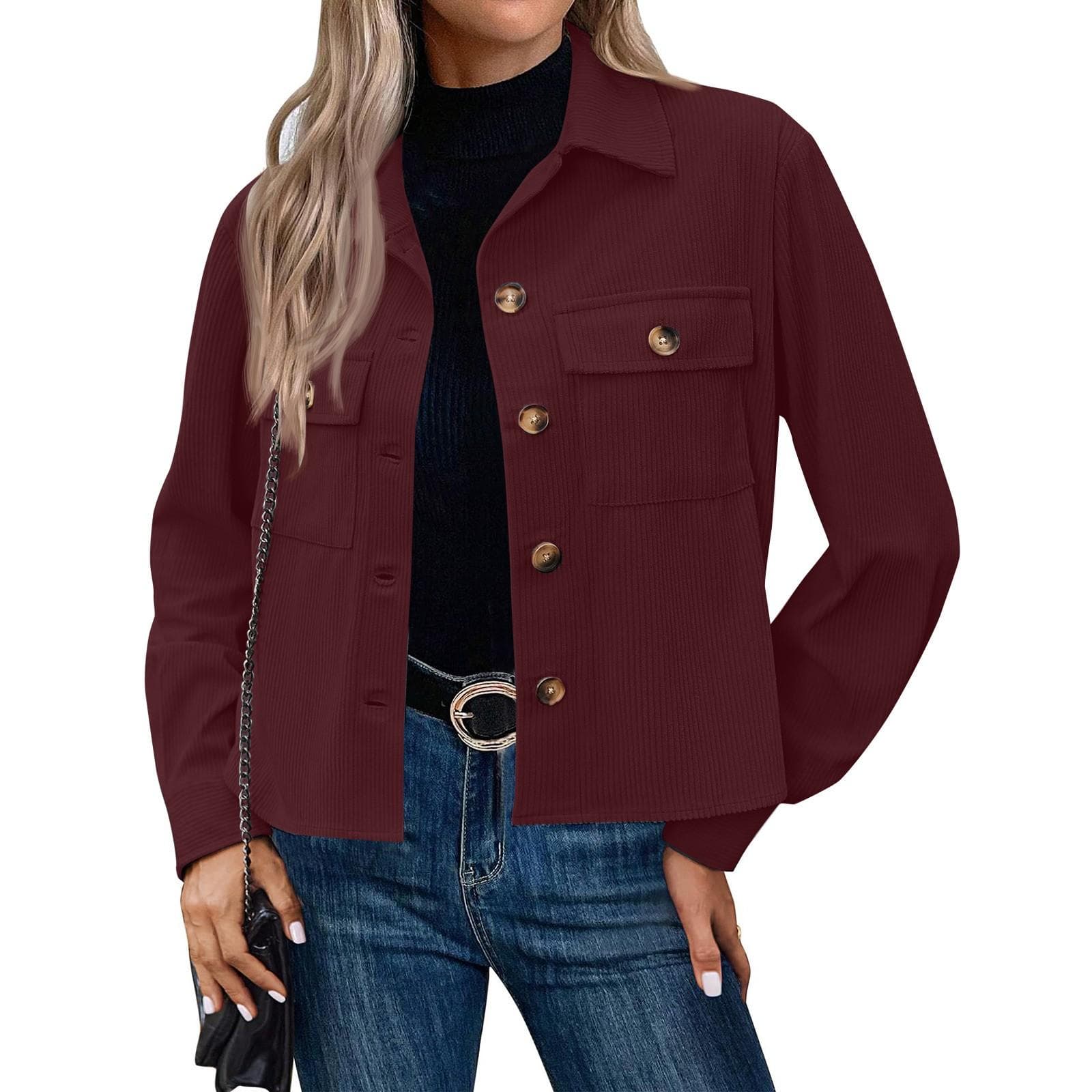 Women's Solid Color Casual Short Corduroy Button Jacket S wine