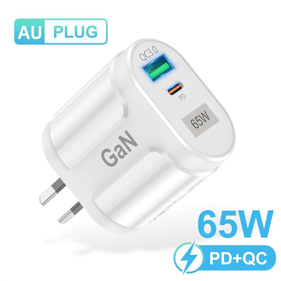 Australian Plug 65W Gan Charger for Australia New Zealand AU Plug PD 33W Fast Charger QC 3.0 USB Adapter for iPhone Sony T6 White AU Plug