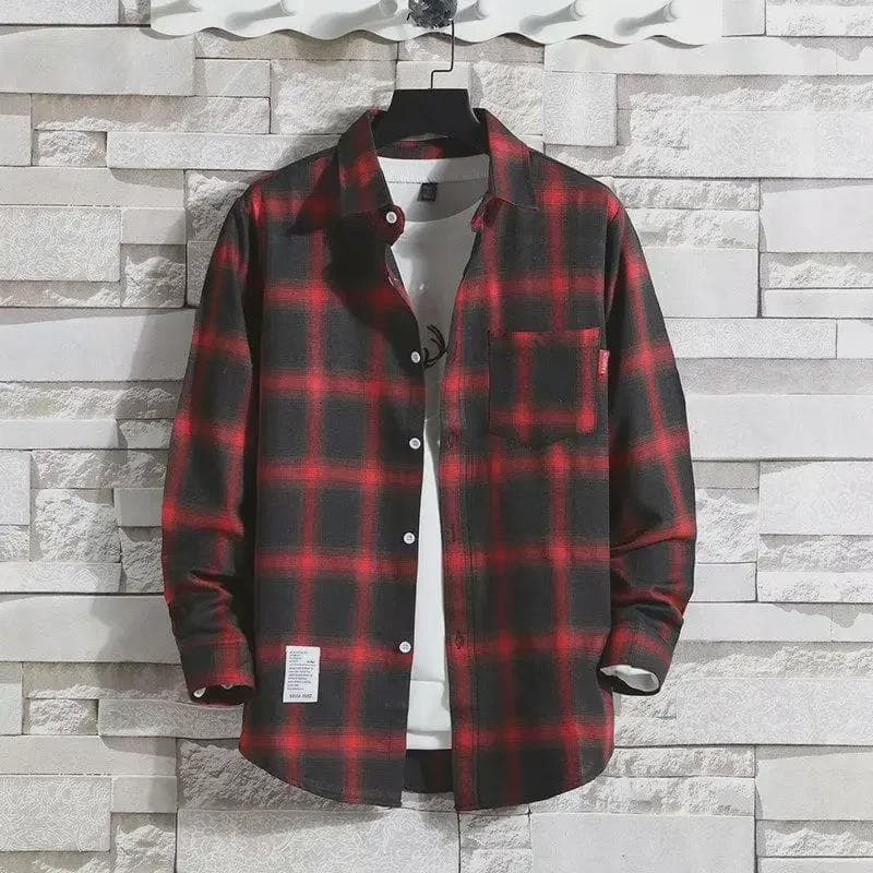 Plaid Men's Long-Sleeve Shirt - Trendy Korean Hong Kong Style L