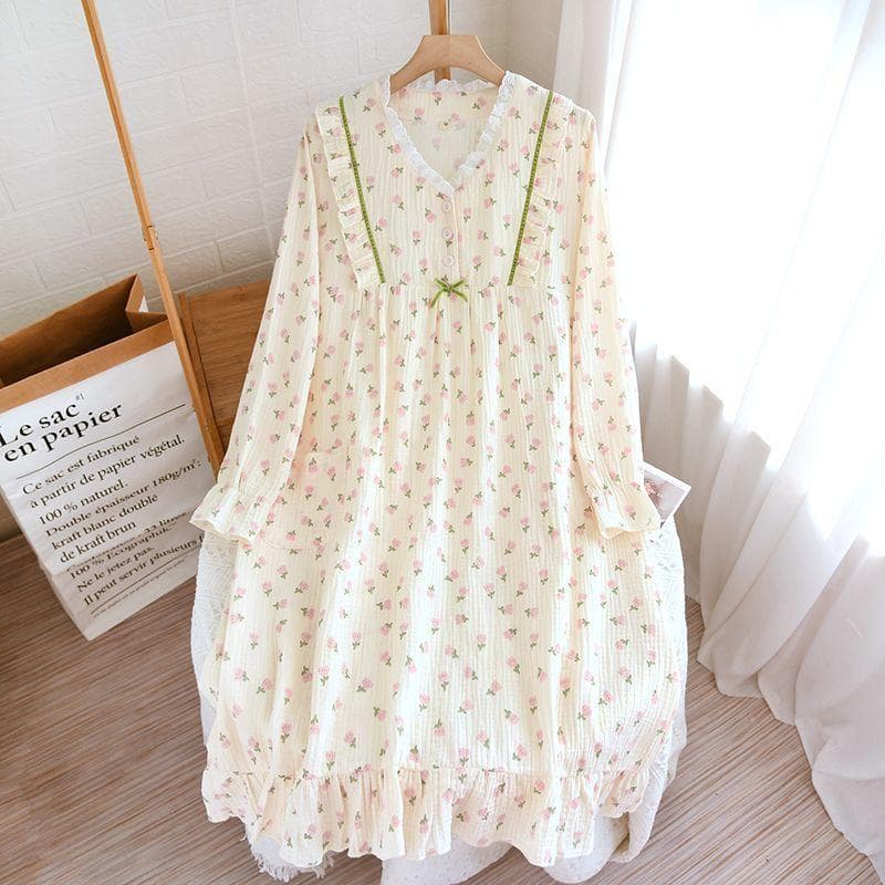New Women's Mid-length Cotton Nightgowns Sweet Ladies Princess Style Long-sleeved Nightdress Loose Casual Maternity Sleepshirts M