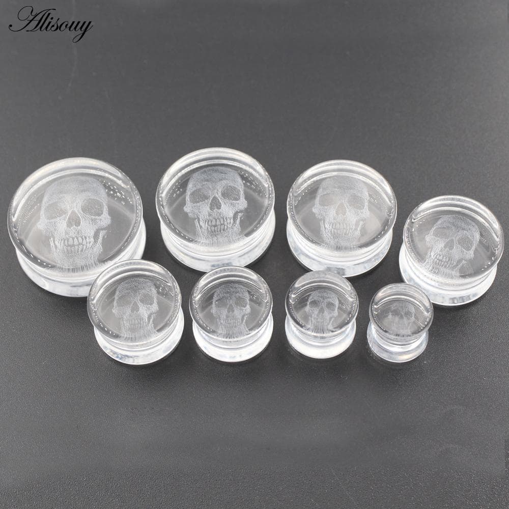 Alisouy 2PCS New Transparent Glass Skull Flared Ear Tunnels Plugs Flesh Stretcher Expander Gauges Earrings Piercing Body Jewelry 20mm