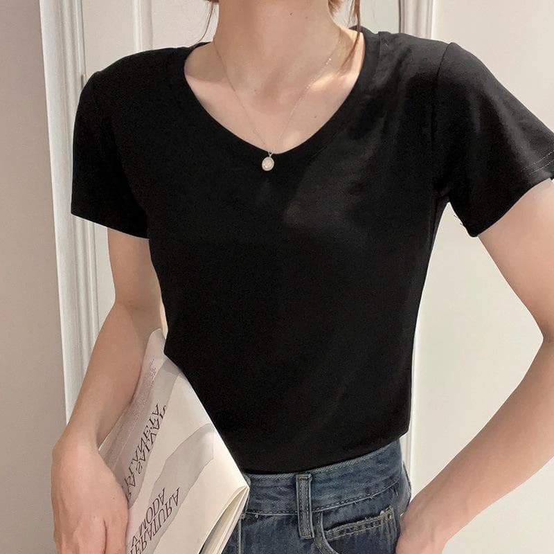 Round Neck Short Short Sleeves for Women In Summer New Slim Pullover Solid Color Versatile T-shirt Front Shoulder Slim Top XL