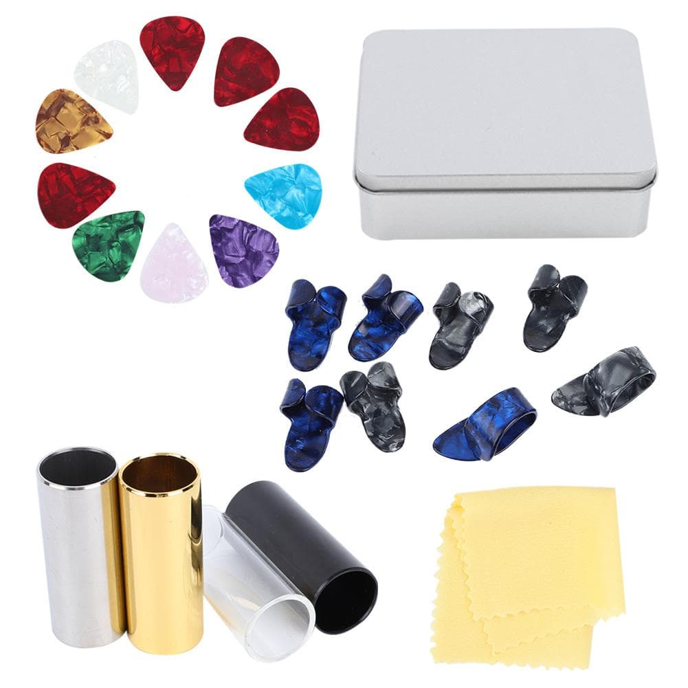 Guitar Accessories Kit 10 Celluloid Pick 4 Guitar Slider 8 Finger Cot with Iron Box