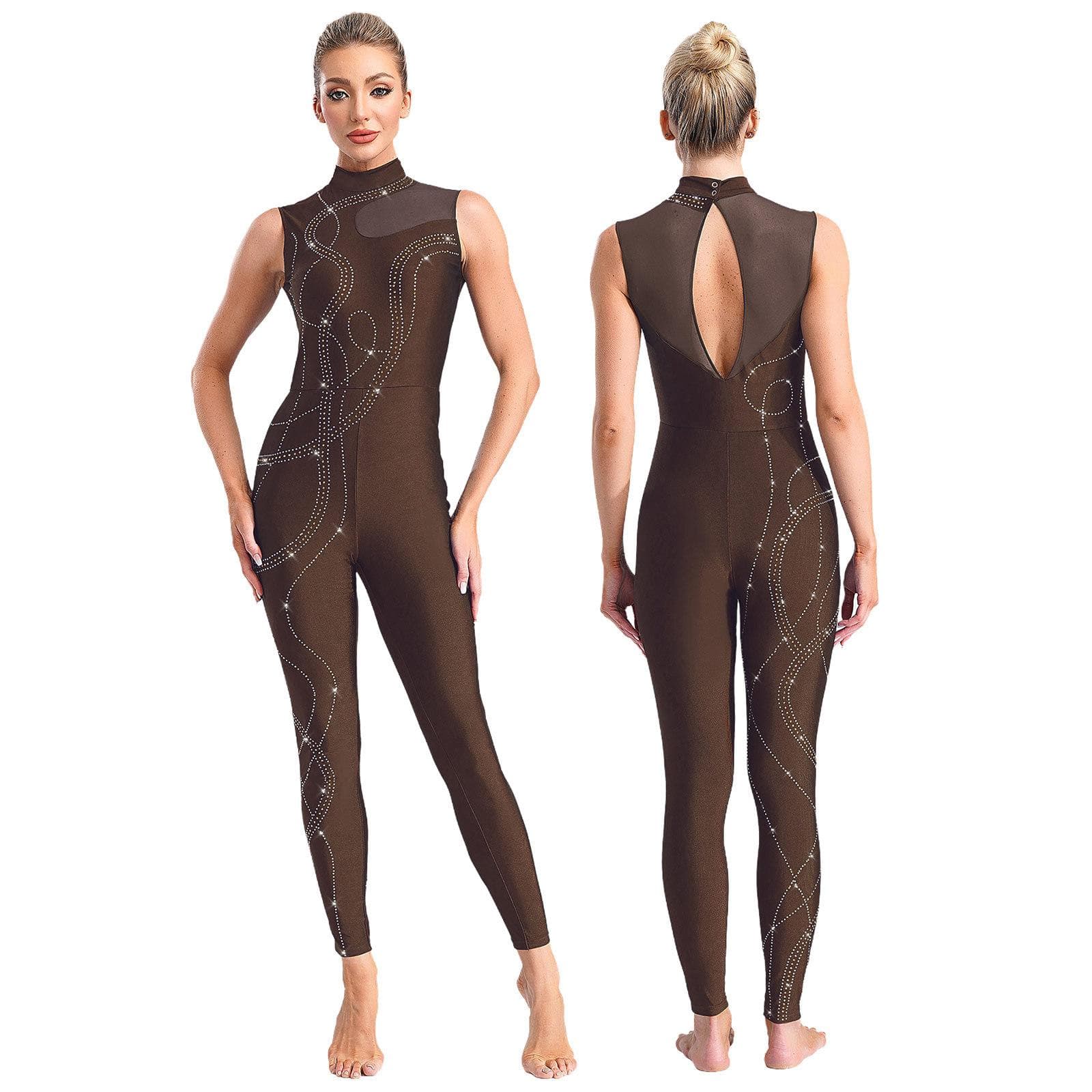 Womens Shiny Rhinestones Gymnastics Figure Skating Ballet Dance Unitards Tight Fitting Jumpsuit Performance Bodysuit Costume XL brown