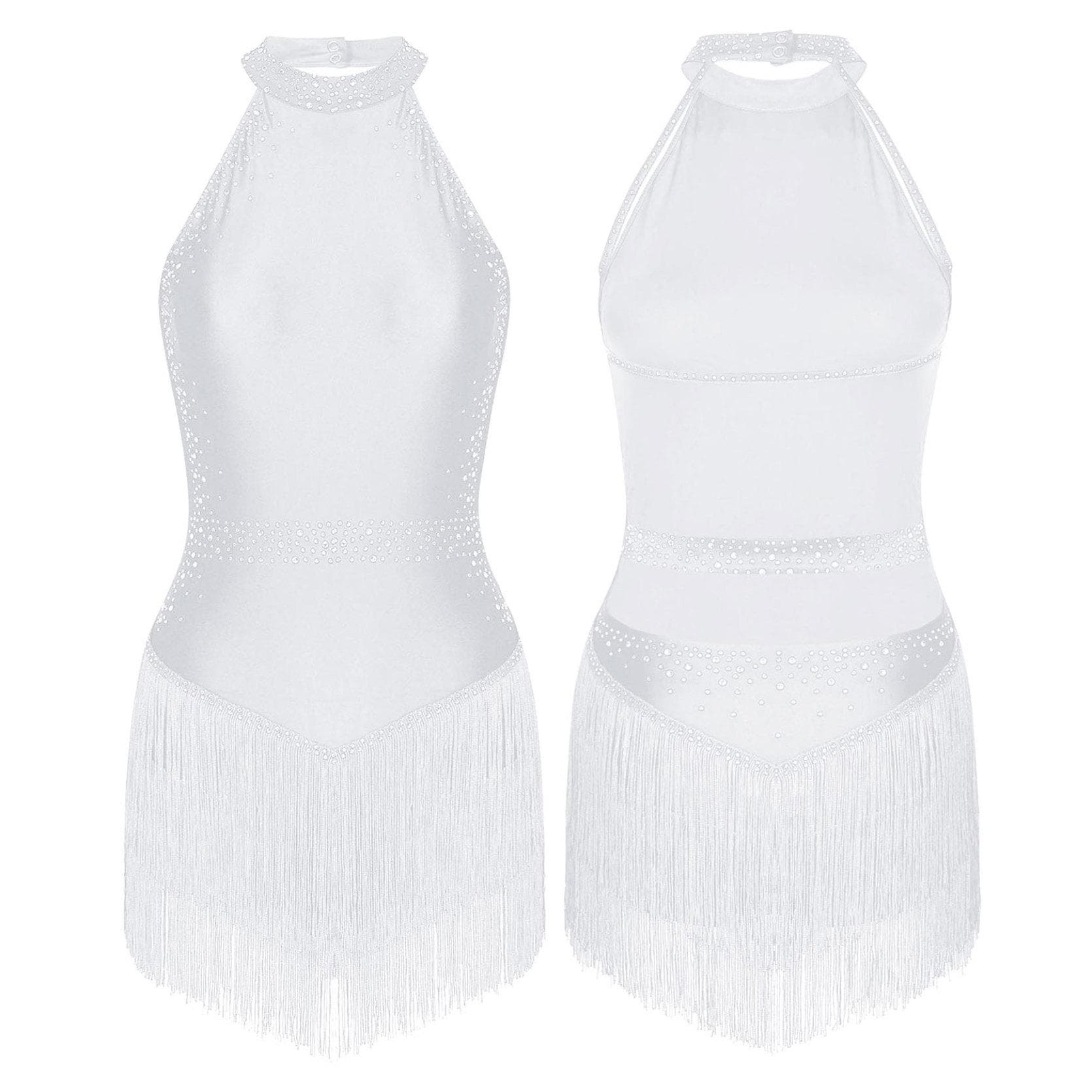 Women Fringe Leotard Dress Shiny Rhinestones Tassel Latin Dance Costumes Ballet Dance Competition Stage Costume M white
