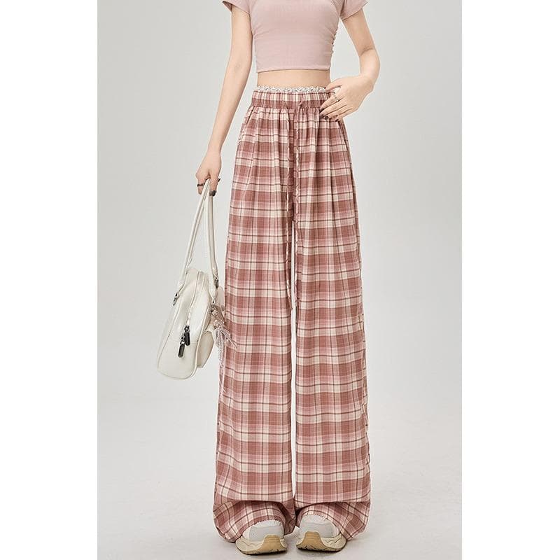 Lace Lace Plaid Wide-leg Pants for Women In Spring and Summer High Waist Lazy Loose Straight-leg Casual Floor Pants 2XL