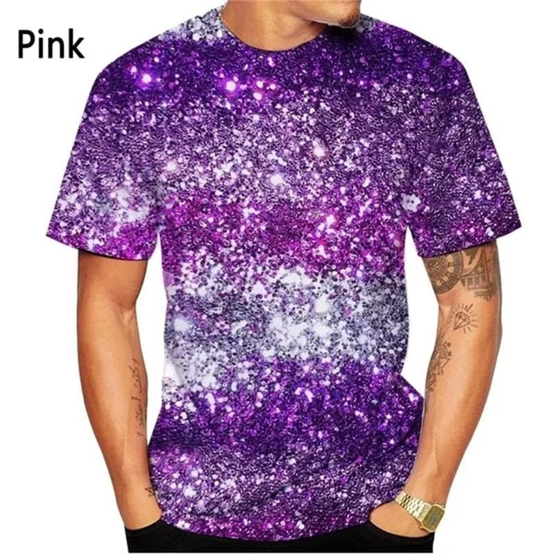 New Fashion 3d Printed Sequin Pattern T-shirt Men's And Women's Summer Casual Short Sleeve Glitter Color XXXXL