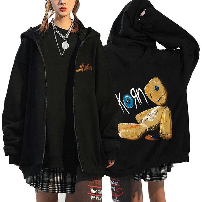 Korn Rock Band Print Zipper Hoodies Metal Music Men's Zip Up Jackets Hip Hop Streetwear Sweatshirts Unisex Y2K Cardigan Coats M