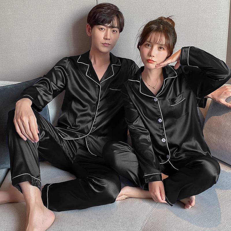 Couple New Pajamas Ladies Artificial Silk Thin Men's Lapels Long Sleeves Trousers Spring Autumn Summer Loungewear Ice Valentine' 2XL black
