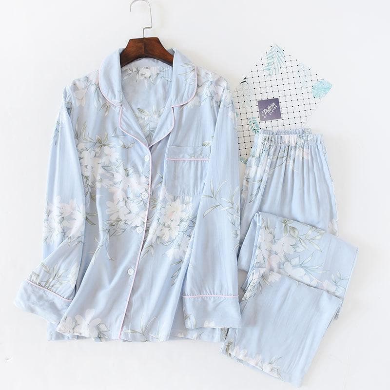 Japanese Style New Spring and Summer Women's Pajamas Viscose Fiber Silk Long-sleeved Trousers Suit Flower Printing Home Service M