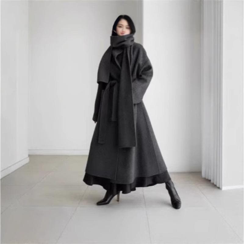 Women's Clothing Autumn and Winter New Lace-up Woolen Jacket Women's Long Korean Version Loose Large Size Scarf Woolen XL