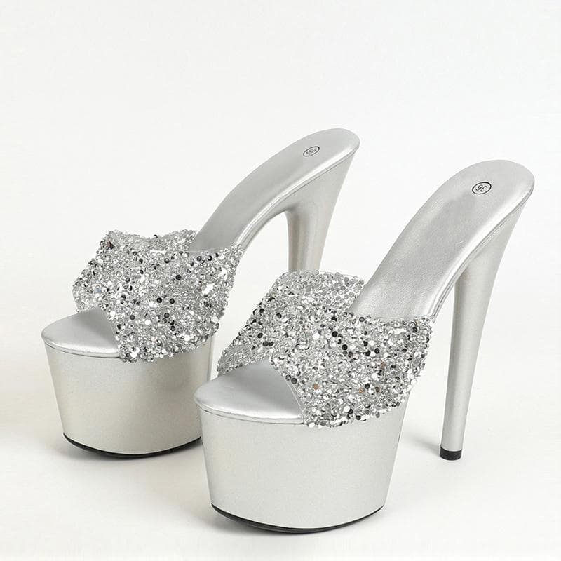 Liyke Black Red High Heels Platform Slippers Women Summer Fashion Sequined PVC Transparent Sandals Sexy Peep Toe Stripper Shoes 34 silver
