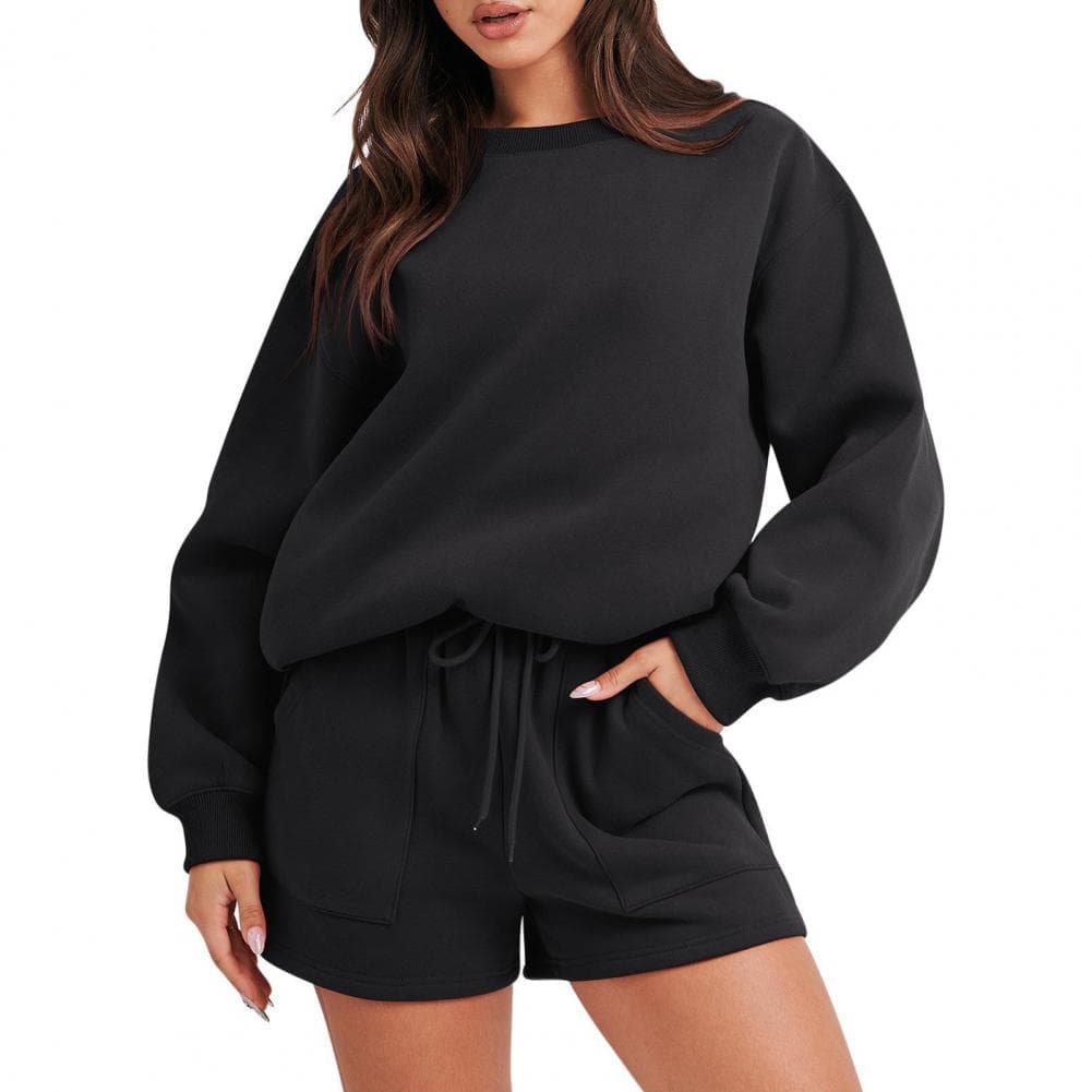2 Pcs/Set Women Sweatshirt Shorts Set Loose Solid Color Drawstring Elastic Waist Long Sleeve Round Neck Elastic Cuff Soft Pocket L black