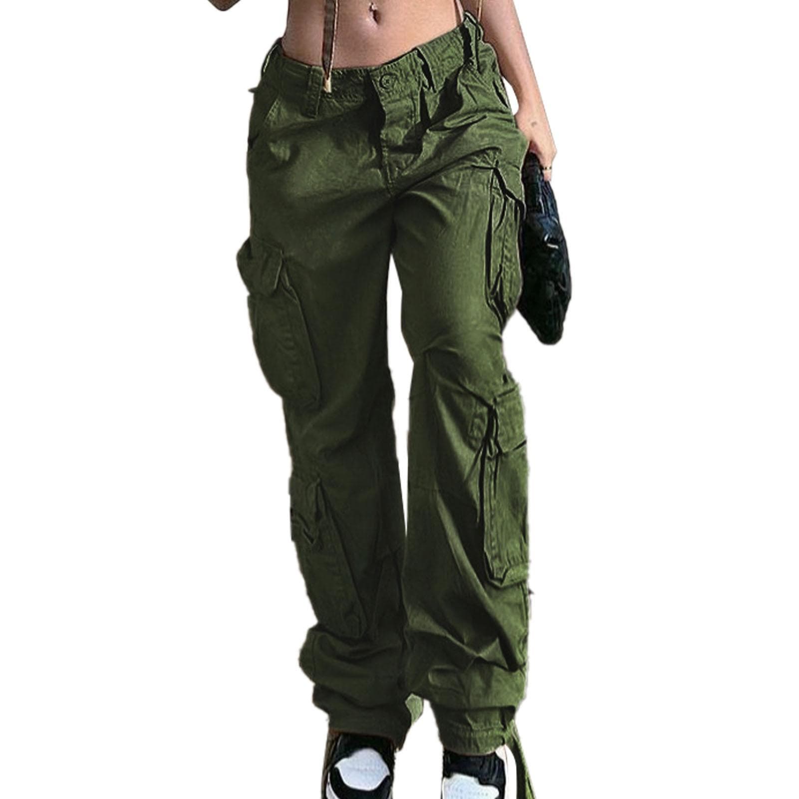 Women Cargo Pants with Multi Pockets Pure Color Fashion Skin Friendly High Waist Pants Straight Leg XL green