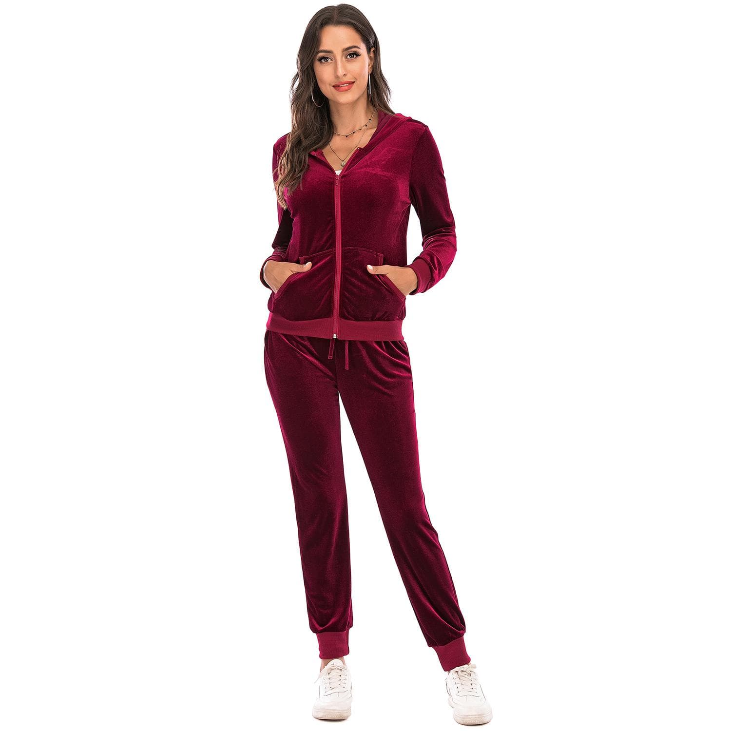 Women's Velvet Velour Super Soft Stretch Lounge Jacket Top and Bottom Set with Relaxed Zip Up Hoody and Jogger Sports Tracksuit S burgundy