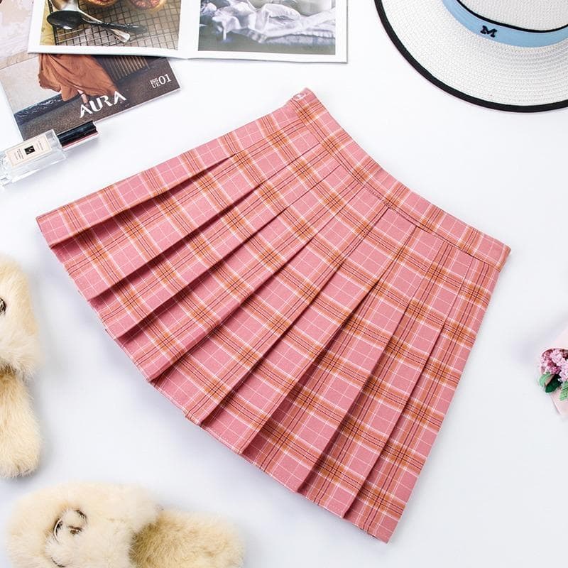 SCIONE Pleated Skirt Women's High Waist Short Skirt School Girl A-Line Skirt Plaid Skirt Sexy Skirt 2XL pink