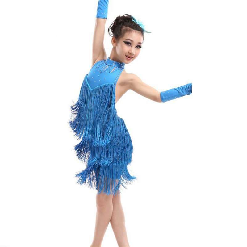 Kids Girls Dance Outfits Belly Dance Cha Cha Dress Latin Salsa Costumes 150 blue