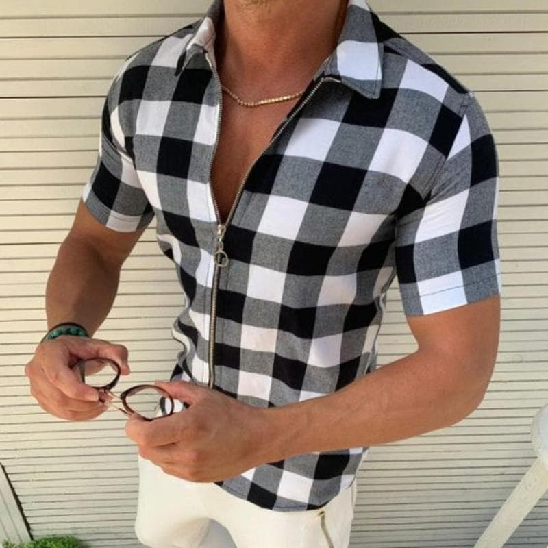 Men's Summer Fashion Short-sleeved Plaid Printed Shirt with Zipper Lapel Business Casual Shirt Top L grey