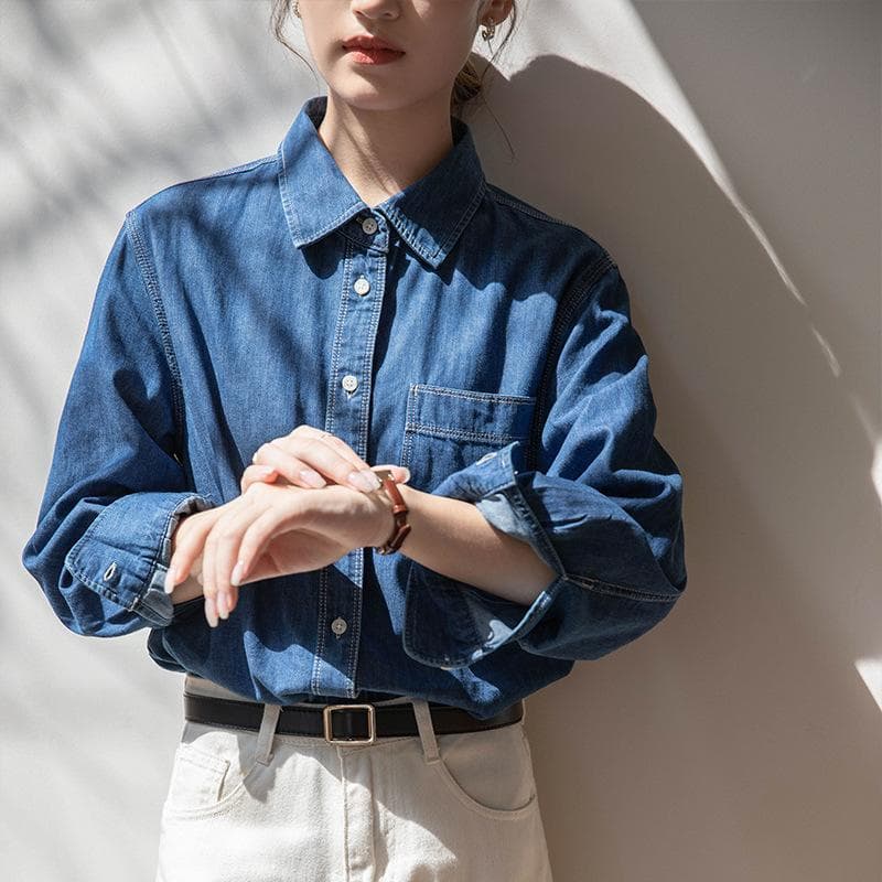 Hong Kong Style Shoulder Wash Denim Shirt for Women with Layered Blue Shirt Retro Small Soft Cotton Autumn and Winter Jacket XL blue
