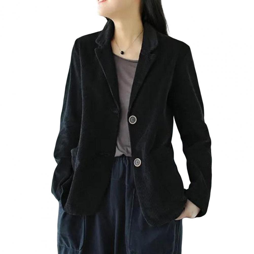 Corduroy Suit Coat Women Autumn Retro Loose Fit Single-Breasted Suit Jacket Lapel Long Sleeve Solid Color Business Coat with Poc M black