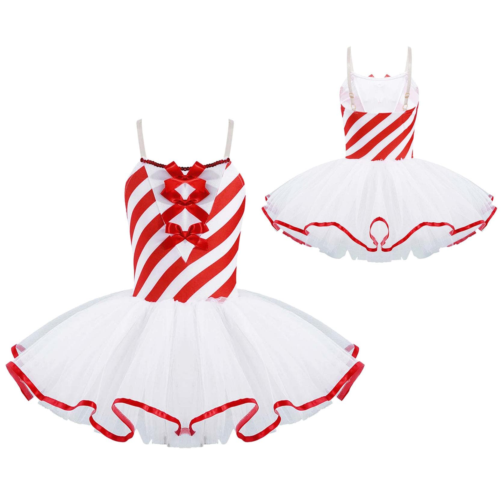 Children Striped Printed Dance Dress Girls Mesh Tutu Skating Dress Performance Dancing Costume 14-16 Years red